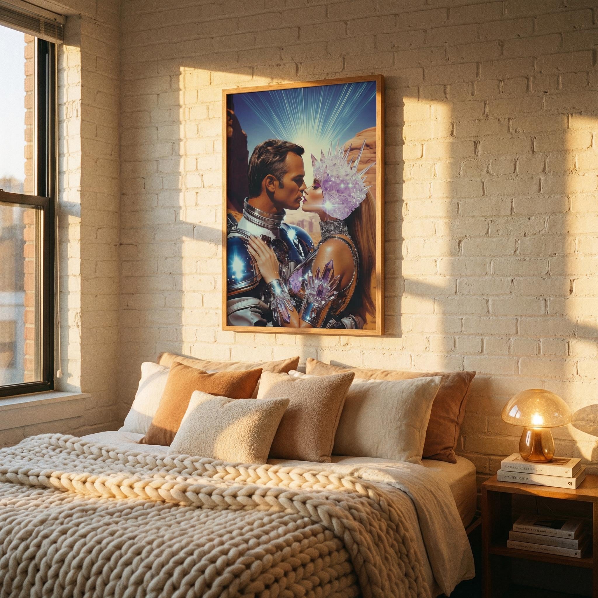 DIGITAL DOWNLOAD: Let Our Love Crystallize in Amethyst Valley – The Orbital Lovers Retro-Futurist Framed Print | Valentine’s Gift