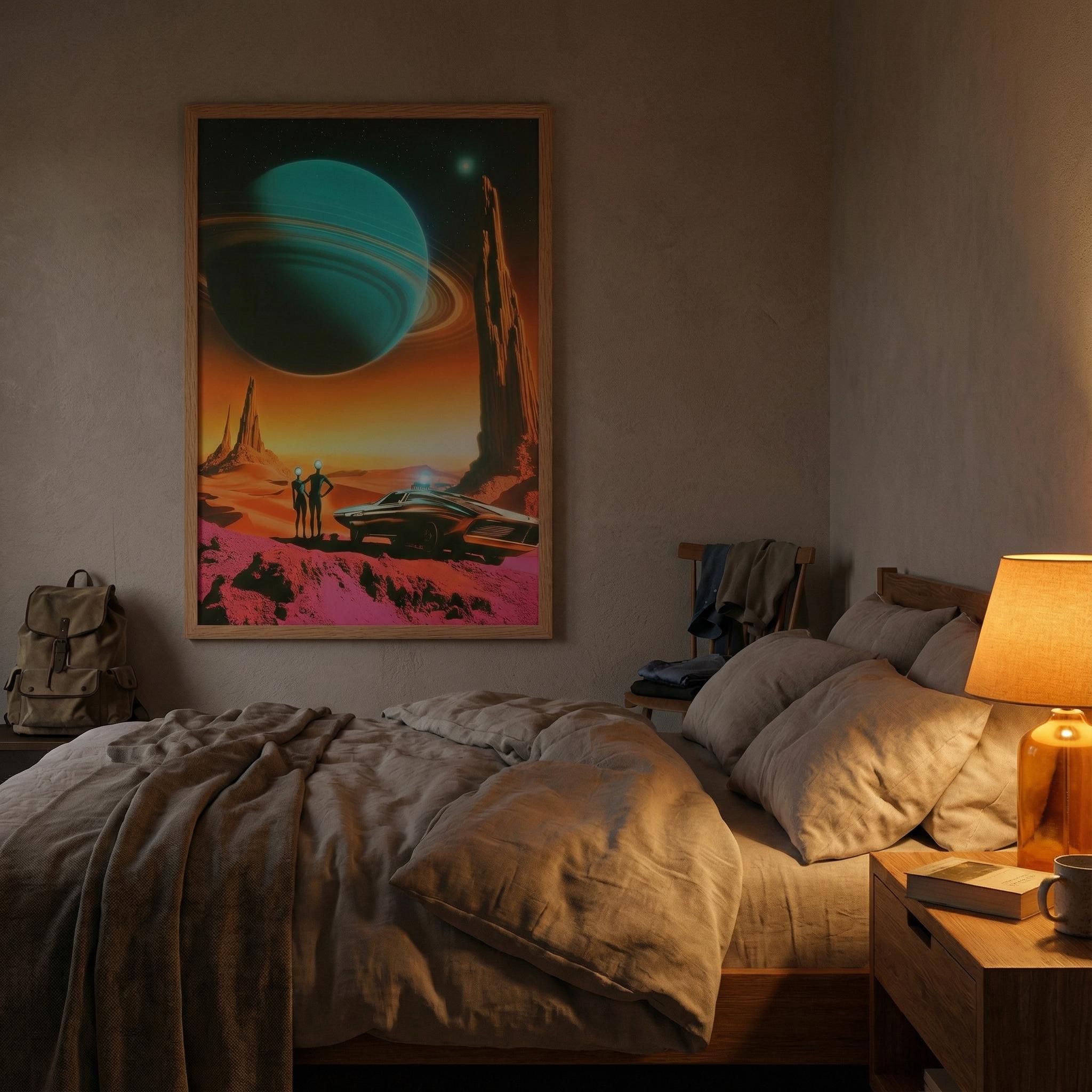 The Desert Road Trip – Retro-Futurist Framed Art Print, Vintage 1960s Sci-Fi Landscape Poster, Mid-Century Space Age Decor