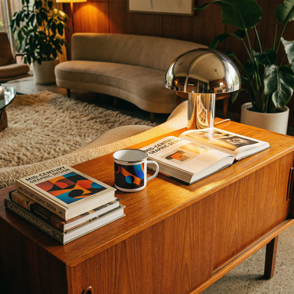 Minoan Retro Sci-Fi Enamel Mug — Orbital Archive Ancient Future Space Age 12oz Camping Cup