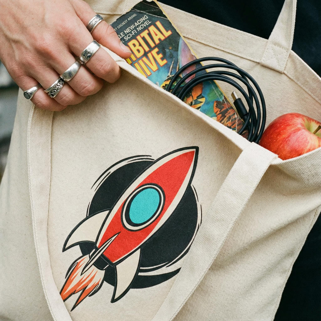 Organic Cotton Sci-Fi Eco Tote Bag, Retro Rocket Space Age Shoulder Bag, Eco-Friendly "Orbital Archive" Graphic Tote