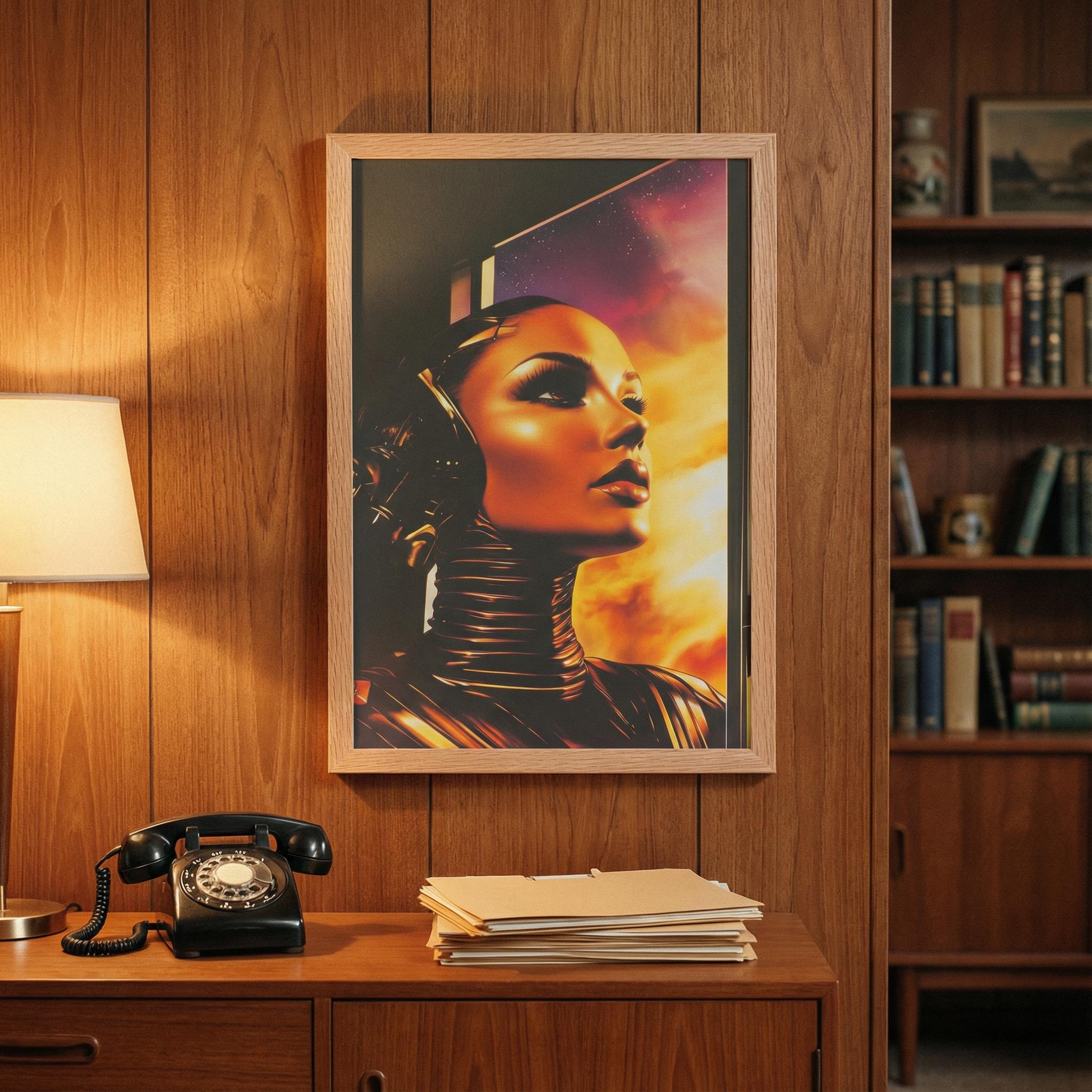 Glamour in Peril Girl – No. 04 Retro-Futurist Framed Art Print, Vintage 1960s Sci-Fi Android Poster, Mid-Century Space Age Decor