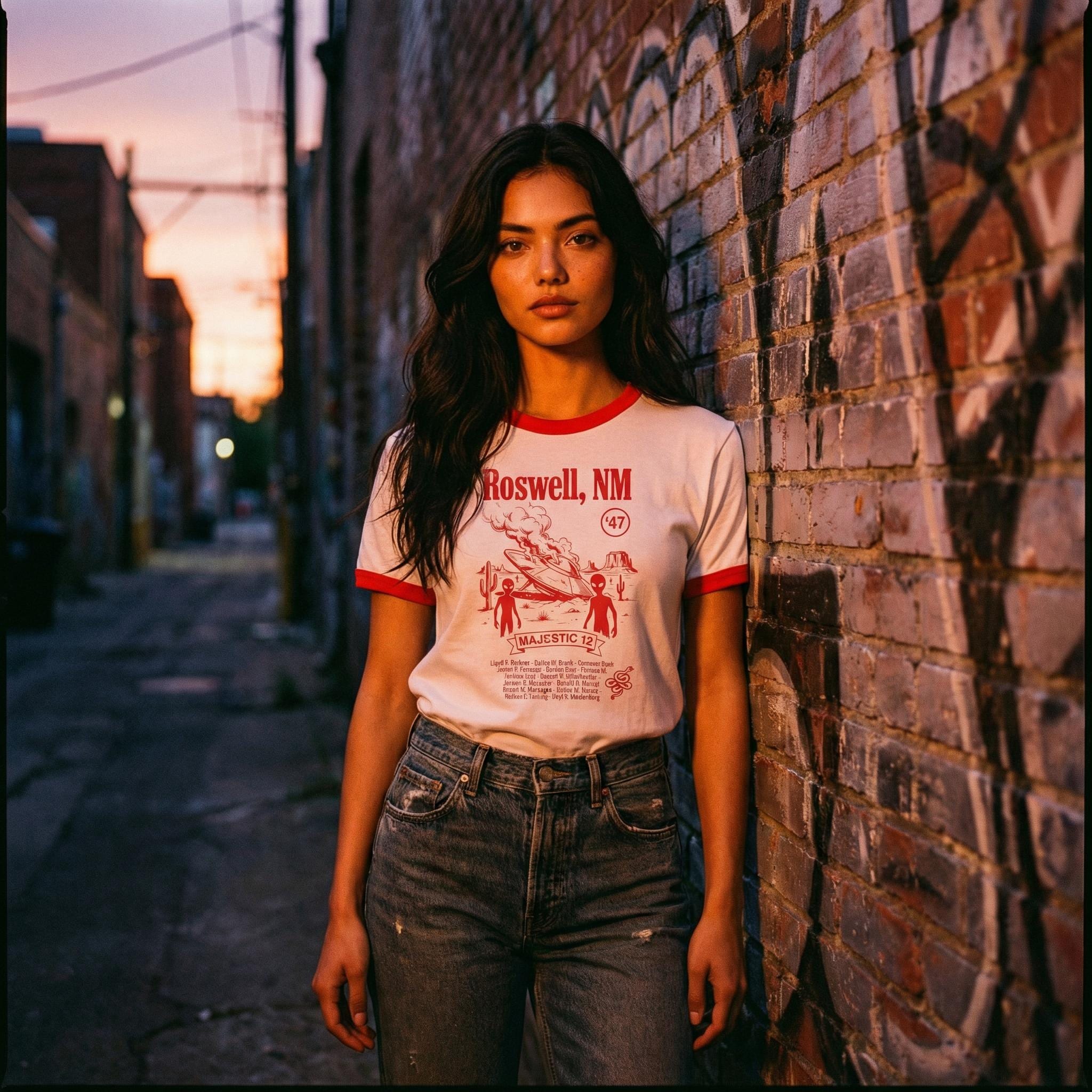 Roswell NM UFO crash ringer tee | Alien saucer graphic tee