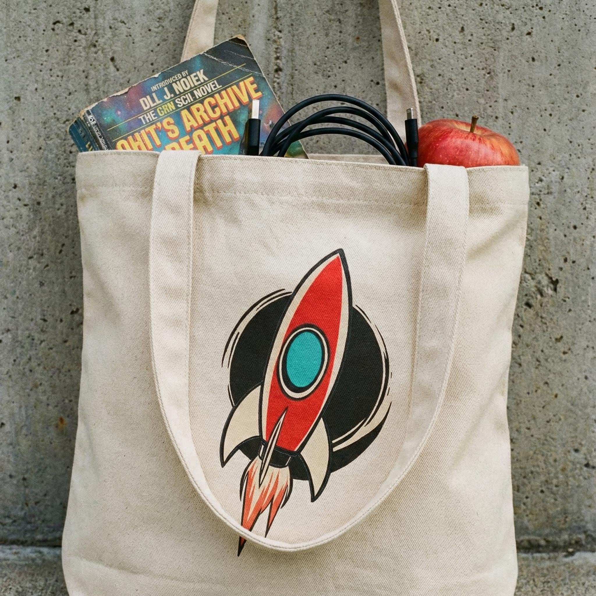 Organic Cotton Sci-Fi Eco Tote Bag, Retro Rocket Space Age Shoulder Bag, Eco-Friendly "Orbital Archive" Graphic Tote