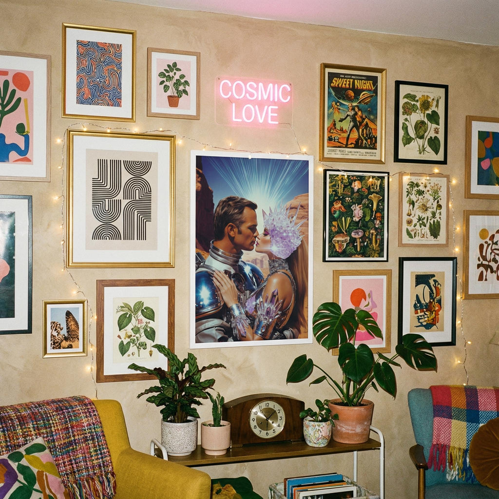 Let Our Love Crystallize in Amethyst Valley – The Orbital Lovers Retro-Futurist Framed Print | Valentine’s Gift