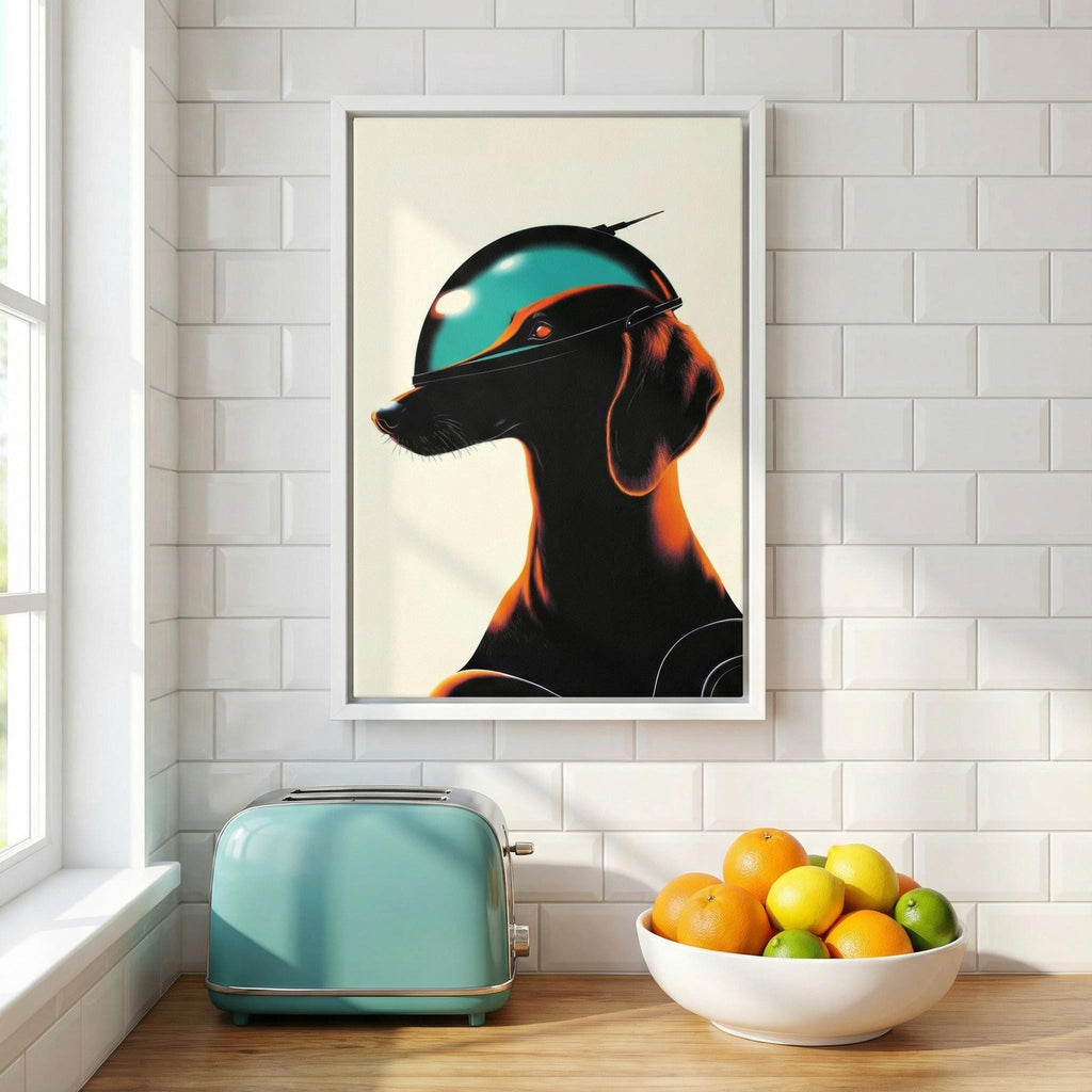 Cyber-Dachshund: Orbital Archive No. 87 // Retro-Futurist Framed Canvas, Sci-Fi Canine Wall Art, Mid-Century Noir Decor