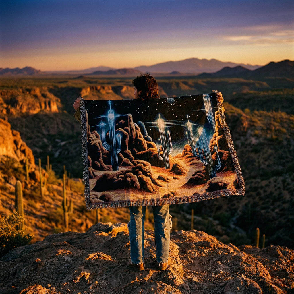 Retro Pixel Alien Landscape Woven Blanket | Sci-Fi Desert Night Throw