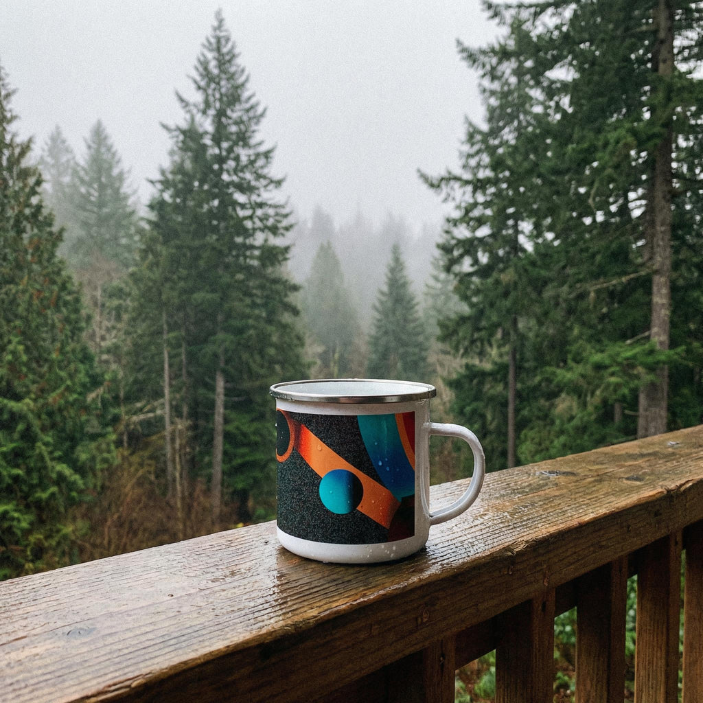 Minoan Retro Sci-Fi Enamel Mug — Orbital Archive Ancient Future Space Age 12oz Camping Cup