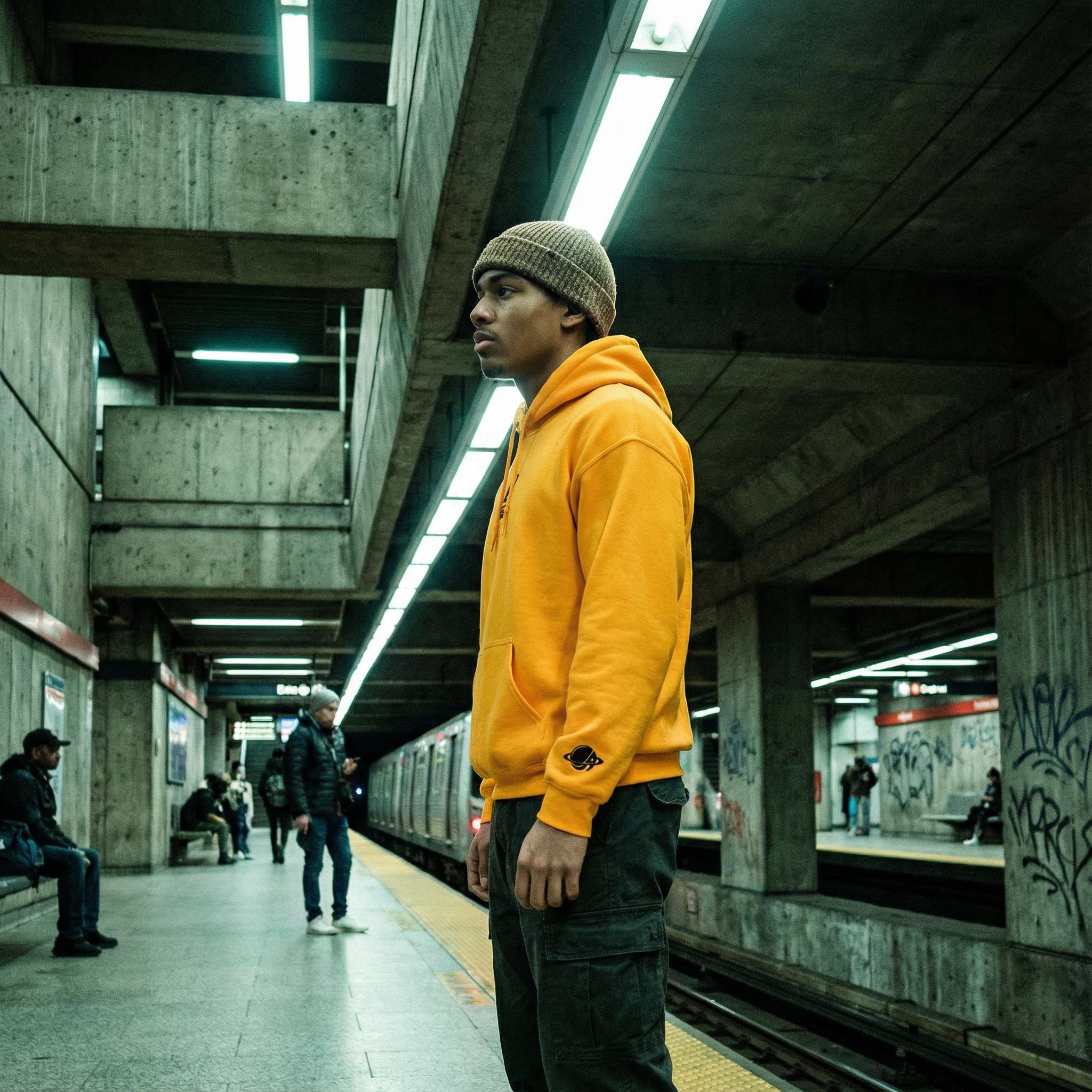 Retro Sci-Fi Astro Hound Hoodie | Golden Yellow Graphic Streetwear | Orbital Archive Heavyweight Hoodie