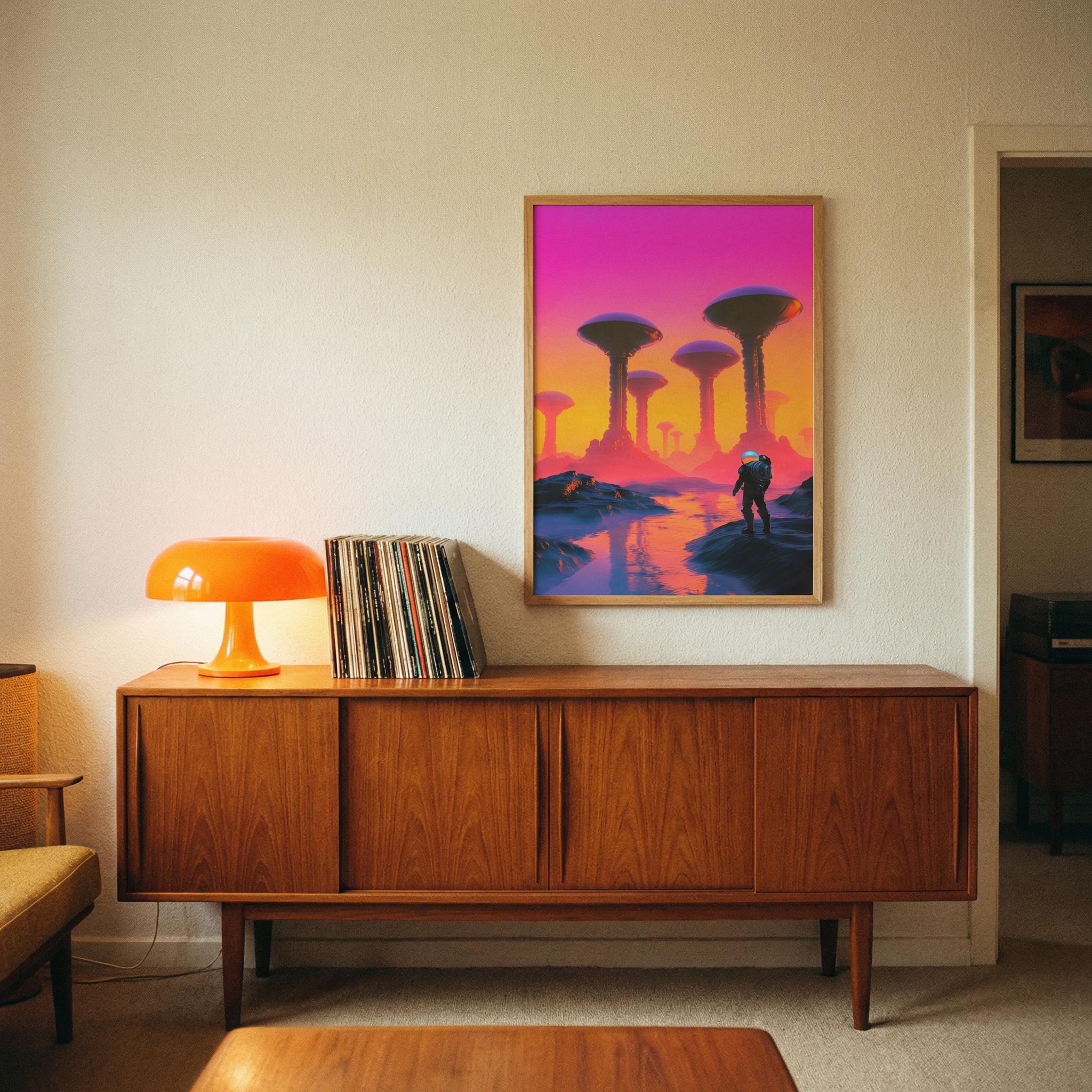 Expedition to the Neon Shores — Retro-Futuristic Pulp Sci-Fi Framed Poster