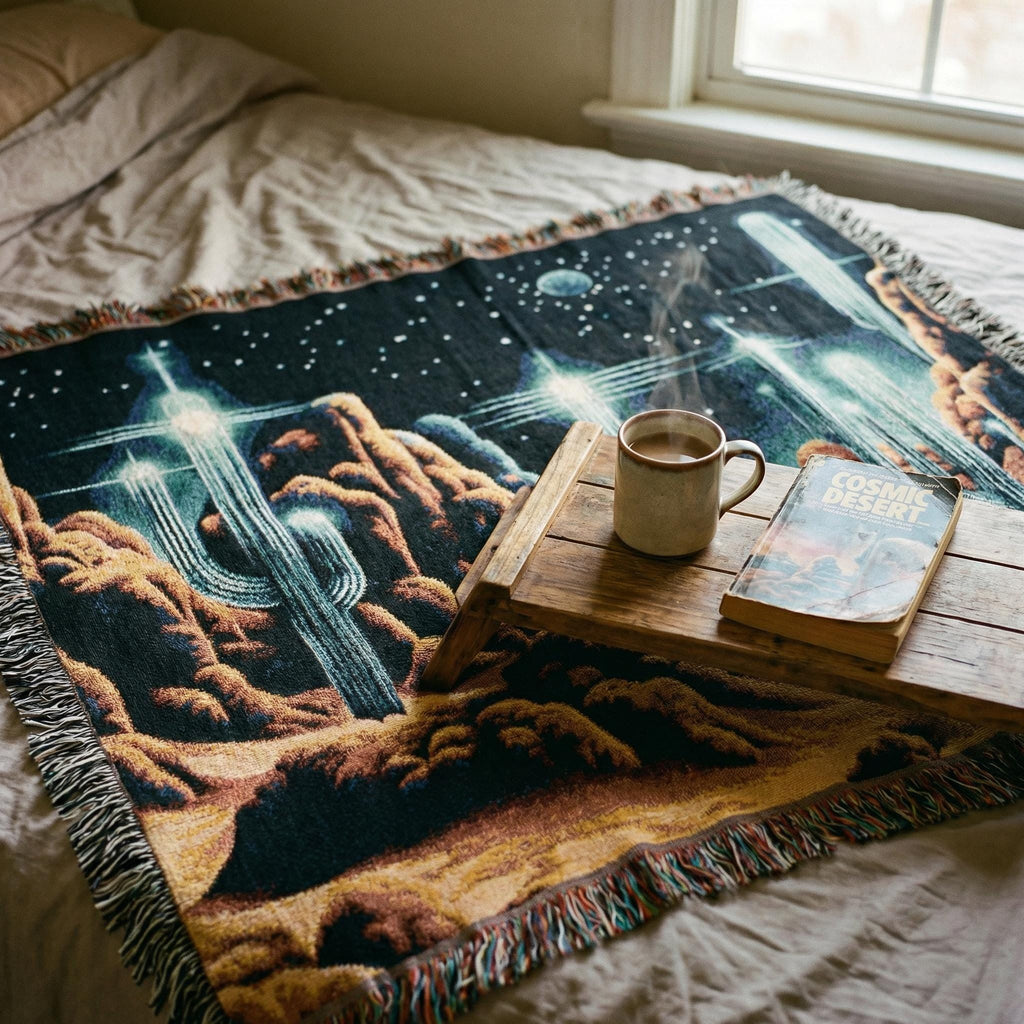 Retro Pixel Alien Landscape Woven Blanket | Sci-Fi Desert Night Throw