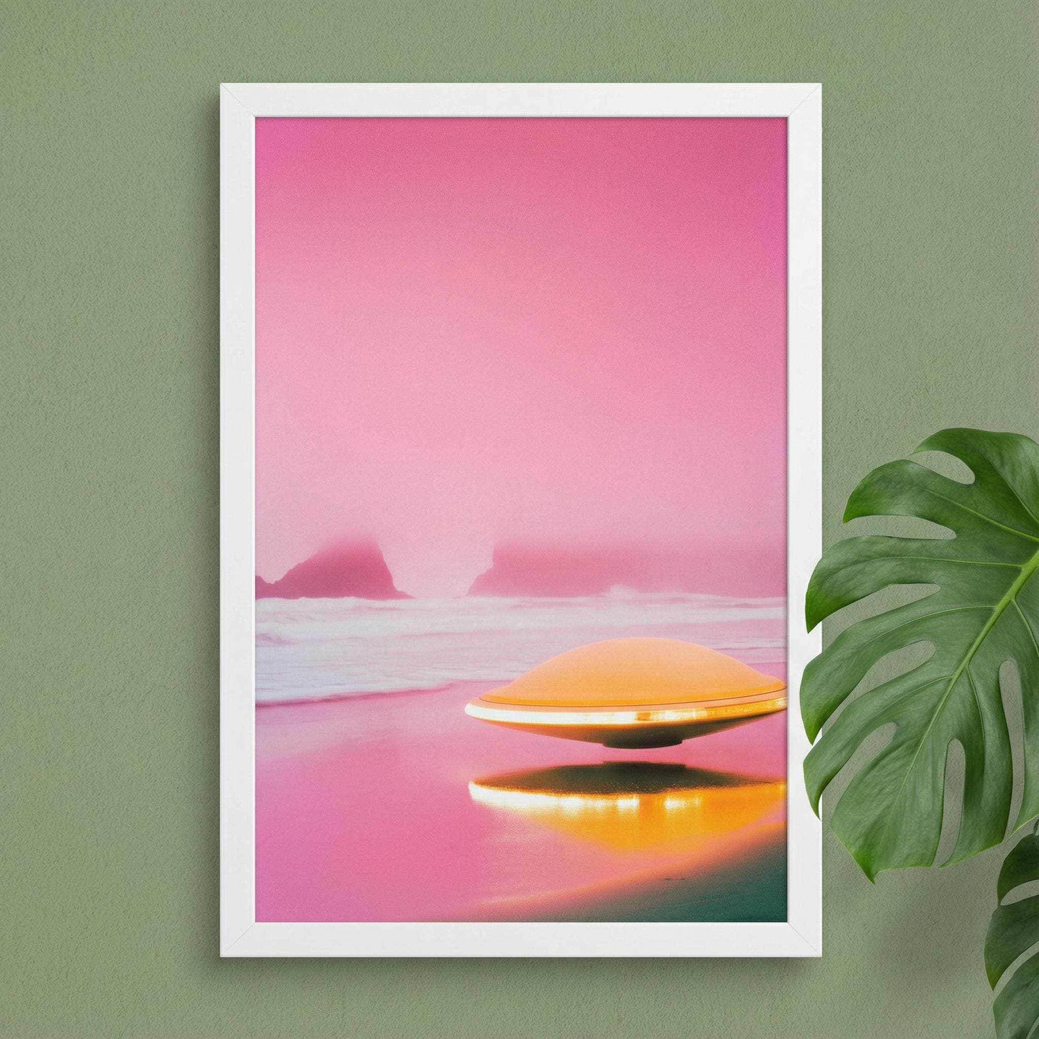DIGITAL DOWNLOAD: Pink Horizon UFO - Retro 60s Sci-Fi Poster - Surreal Alien Beach Art
