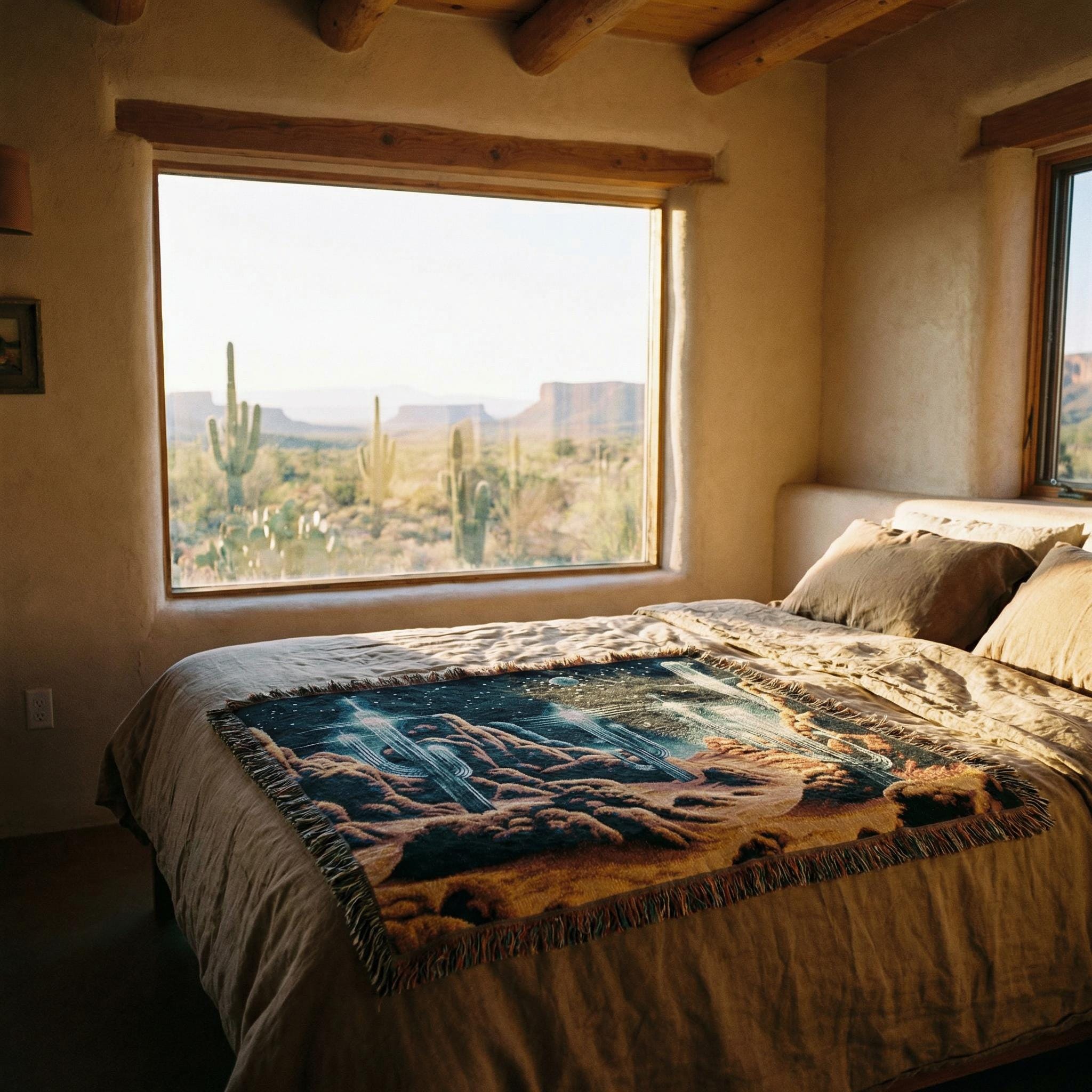 Retro Pixel Alien Landscape Woven Blanket | Sci-Fi Desert Night Throw