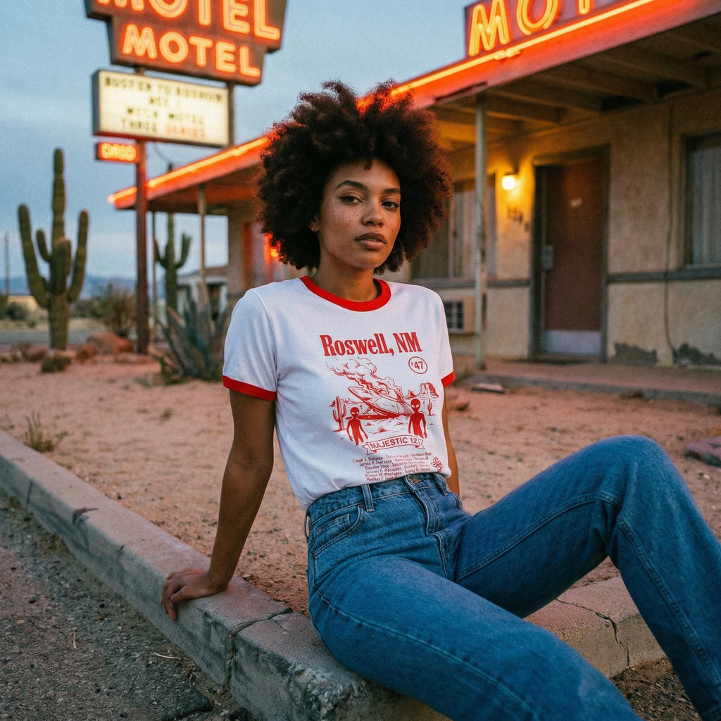 Roswell NM UFO crash ringer tee | Alien saucer graphic tee