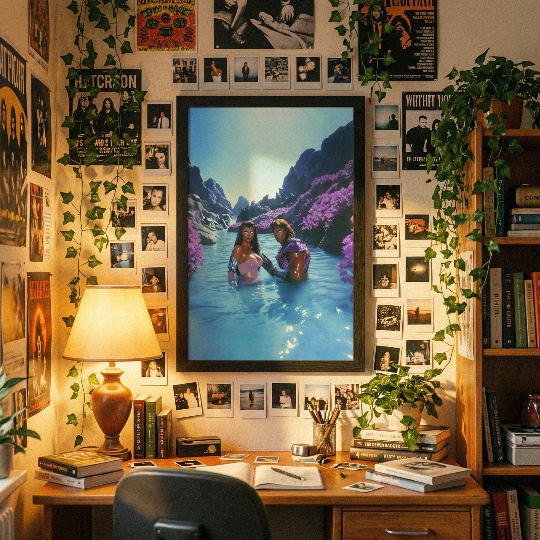 Retro-Futurist Hot Spring Couple Framed Print – Savage Land Alien Oasis