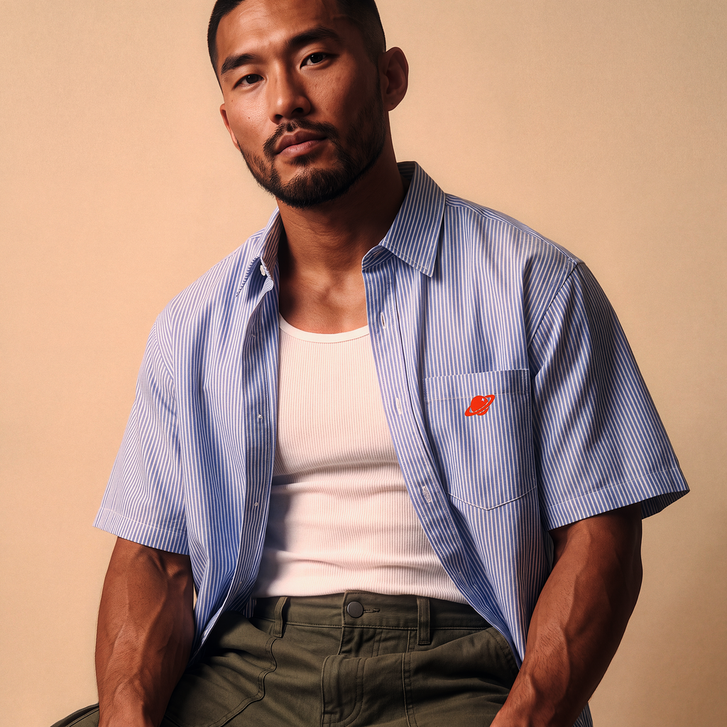 Roswell NM UFO Crash Log Oversized Striped Shirt — Orbital Archive Sci-Fi Streetwear — Boxy Cropped Button Up Short Sleeve Summer Top