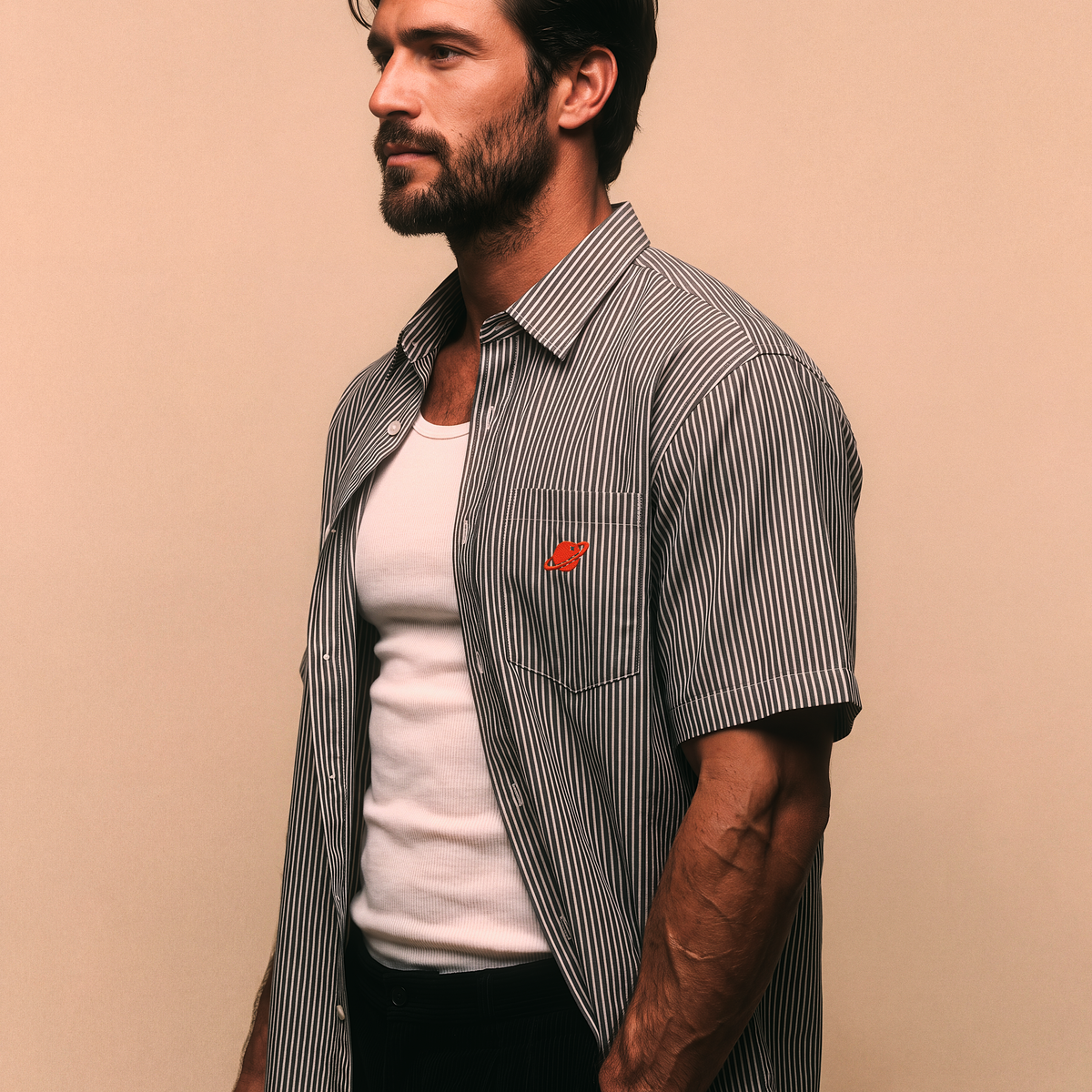 Roswell NM UFO Crash Log Oversized Striped Shirt — Orbital Archive Sci-Fi Streetwear — Boxy Cropped Button Up Short Sleeve Summer Top