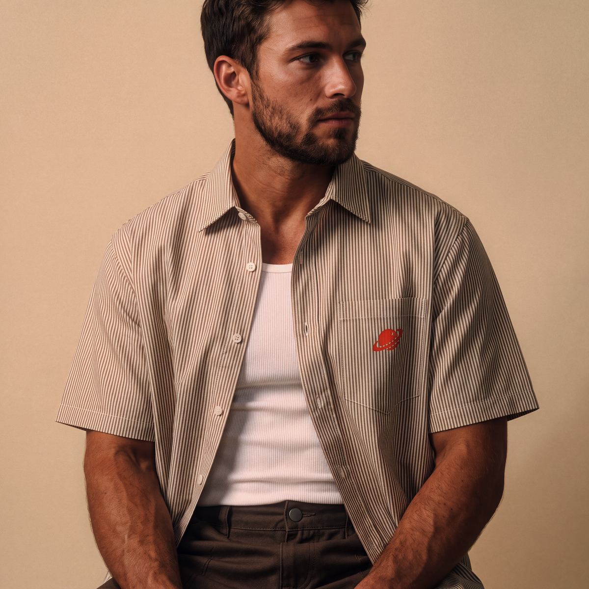 Roswell NM UFO Crash Log Oversized Striped Shirt — Orbital Archive Sci-Fi Streetwear — Boxy Cropped Button Up Short Sleeve Summer Top