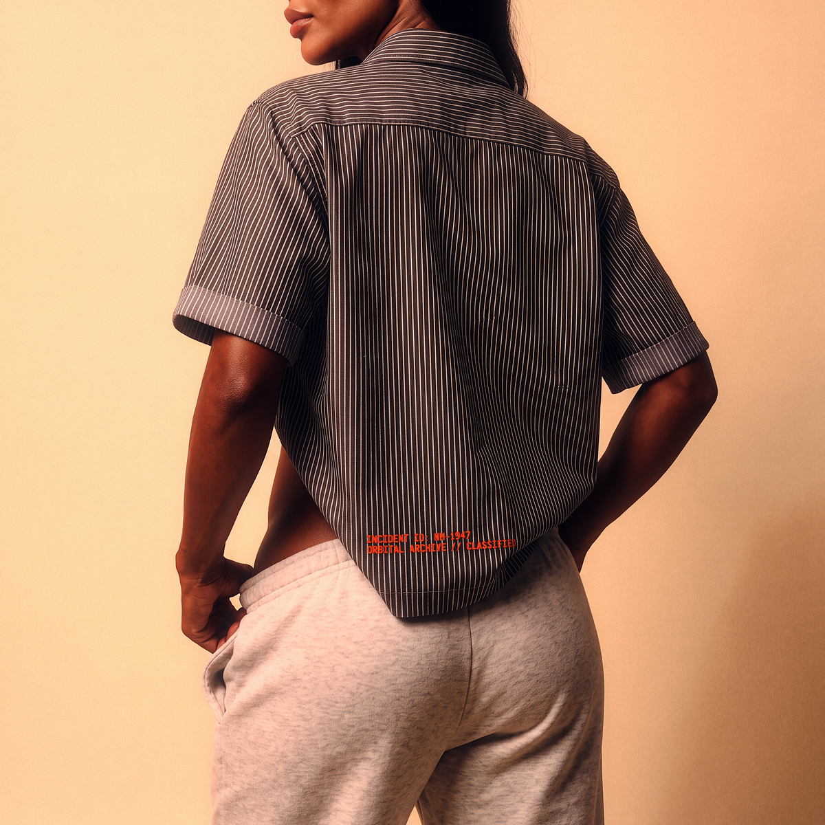 Roswell NM UFO Crash Log Oversized Striped Shirt — Orbital Archive Sci-Fi Streetwear — Boxy Cropped Button Up Short Sleeve Summer Top