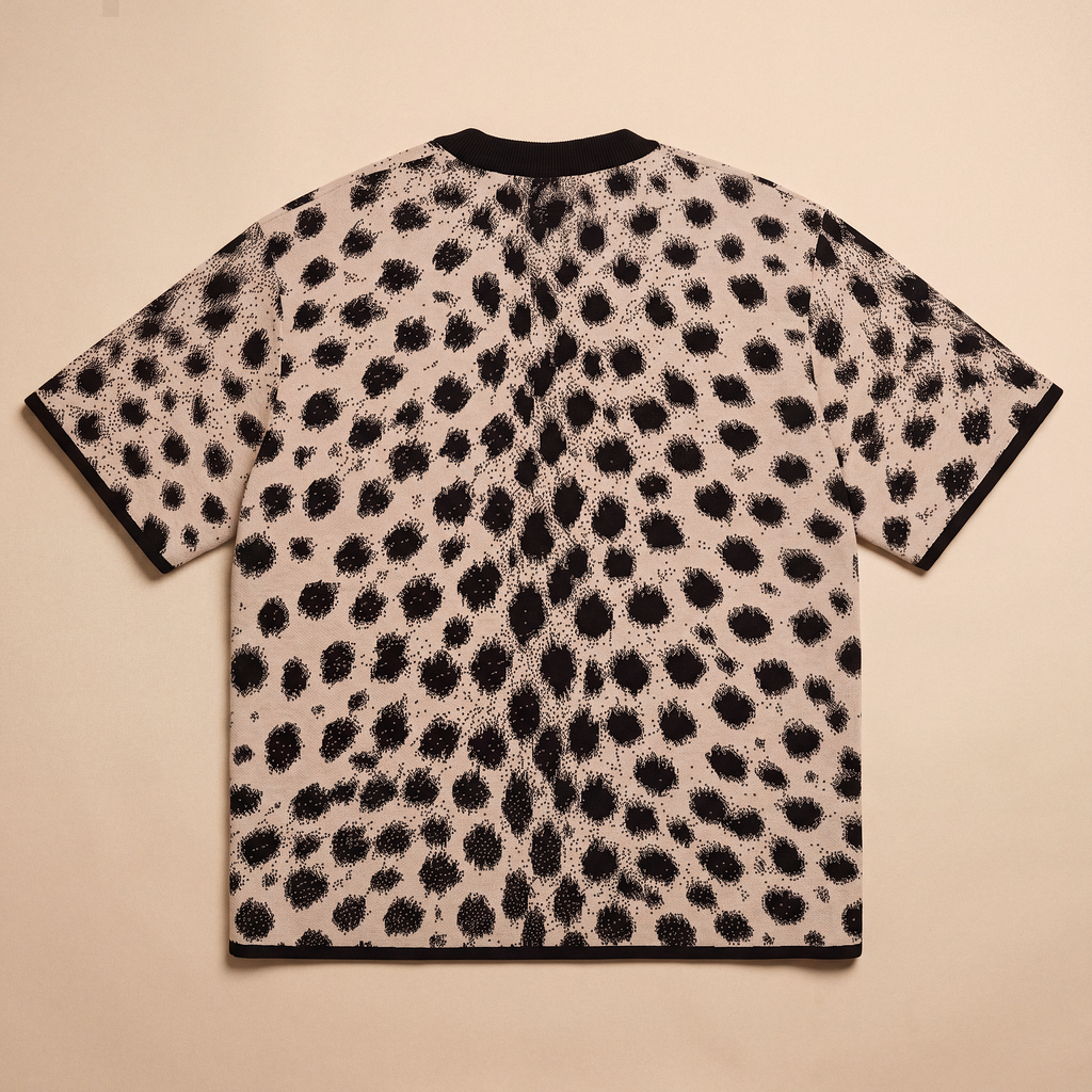 Cheetah Print Knitted T-Shirt — Heavyweight Unisex Jacquard Soft Cotton Blend Knitted Tee — All-Over Animal Print Streetwear