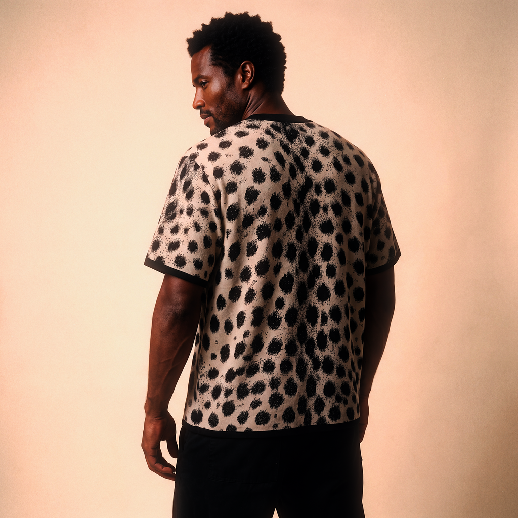 Cheetah Print Knitted T-Shirt — Heavyweight Unisex Jacquard Soft Cotton Blend Knitted Tee — All-Over Animal Print Streetwear
