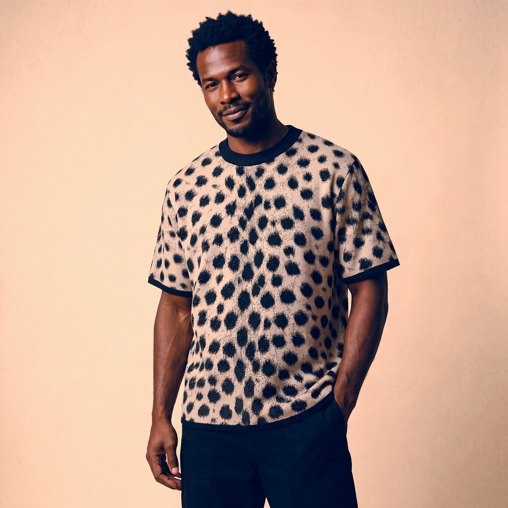 Cheetah Print Knitted T-Shirt — Heavyweight Unisex Jacquard Soft Cotton Blend Knitted Tee — All-Over Animal Print Streetwear