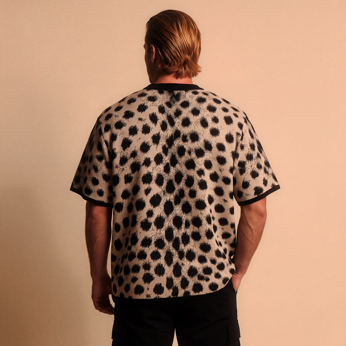 Cheetah Print Knitted T-Shirt — Heavyweight Unisex Jacquard Soft Cotton Blend Knitted Tee — All-Over Animal Print Streetwear