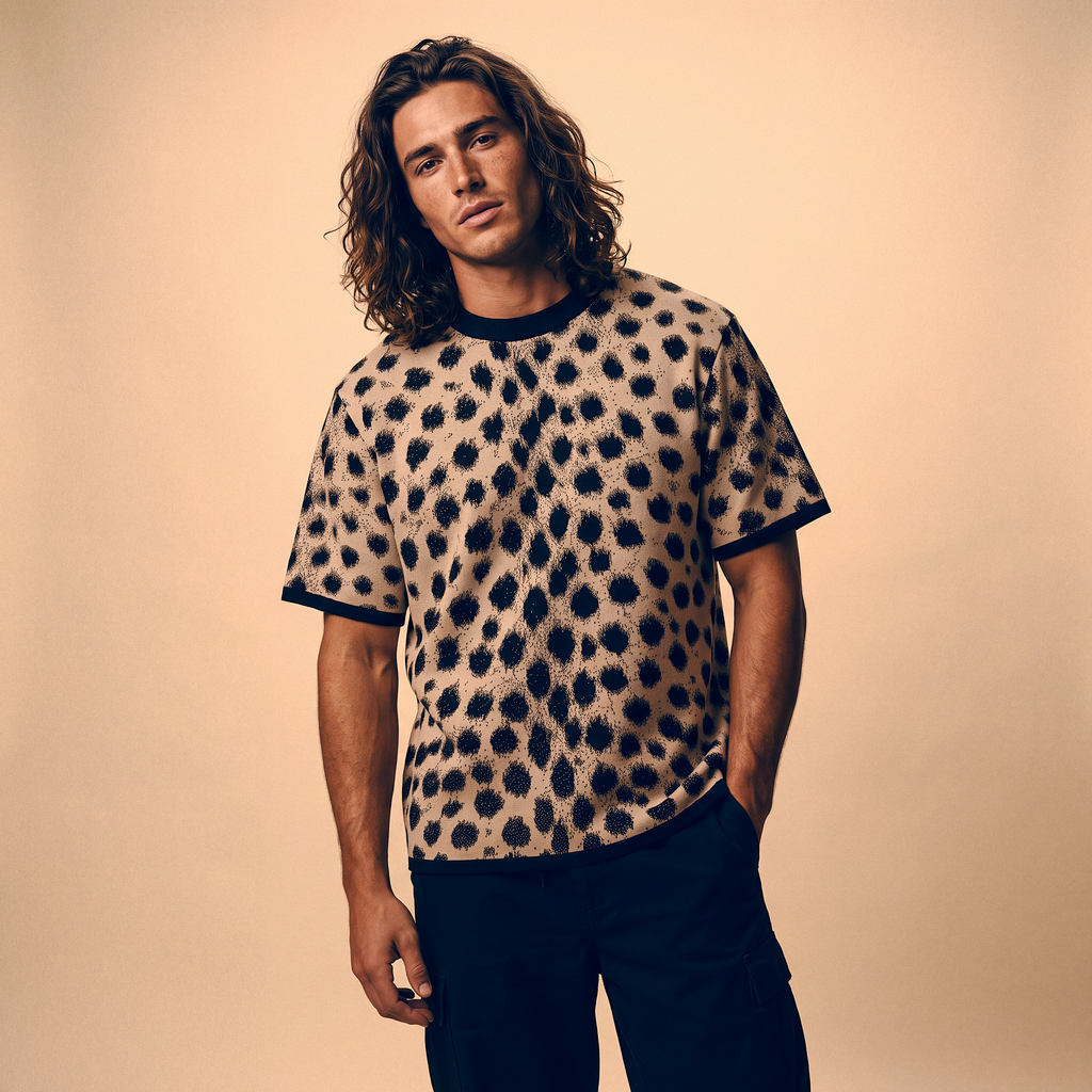 Cheetah Print Knitted T-Shirt — Heavyweight Unisex Jacquard Soft Cotton Blend Knitted Tee — All-Over Animal Print Streetwear