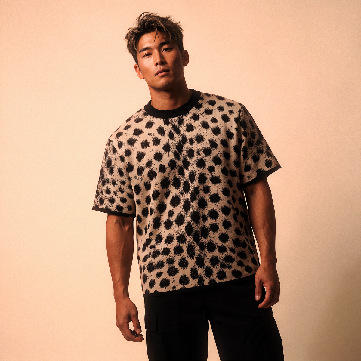 Cheetah Print Knitted T-Shirt — Heavyweight Unisex Jacquard Soft Cotton Blend Knitted Tee — All-Over Animal Print Streetwear