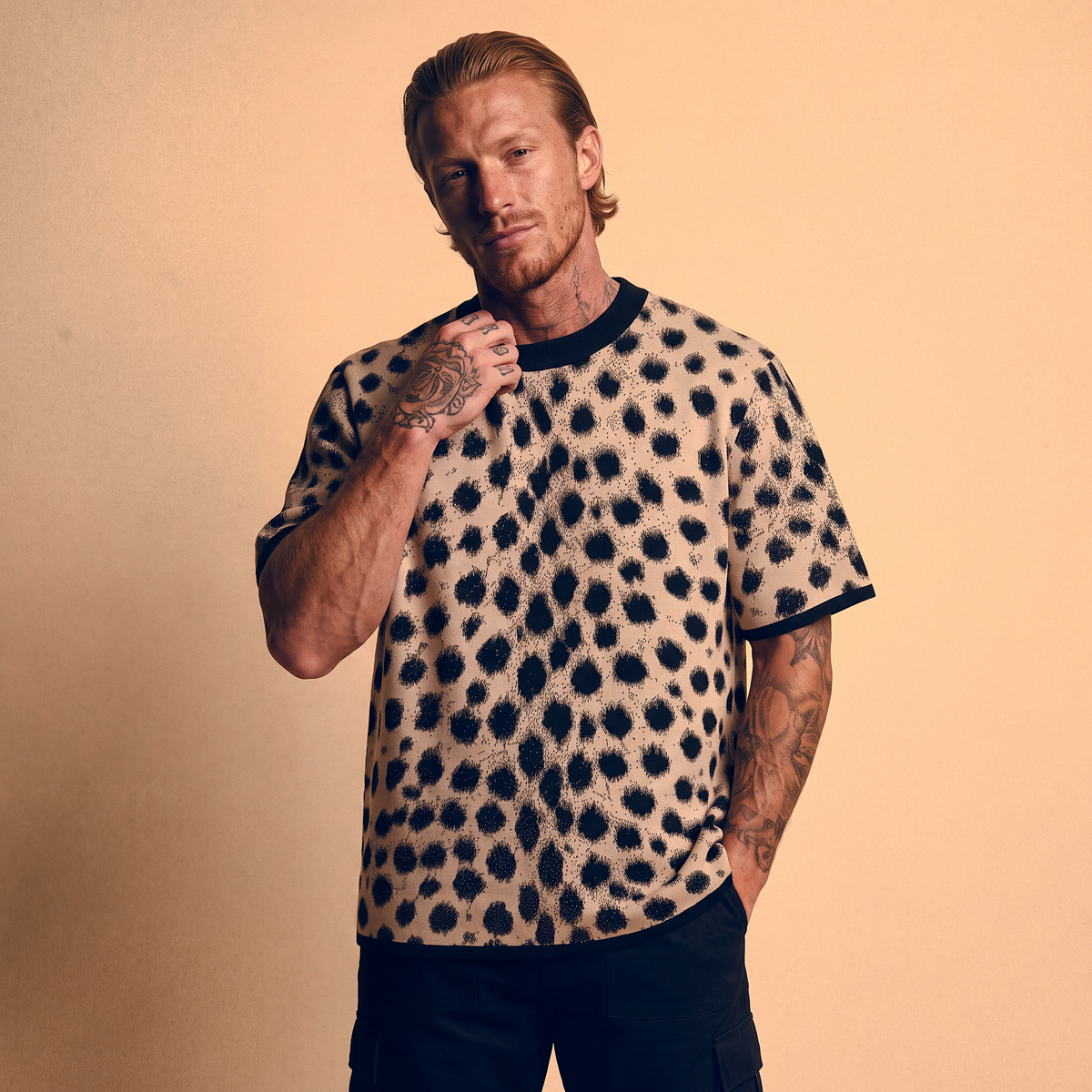 Cheetah Print Knitted T-Shirt — Heavyweight Unisex Jacquard Soft Cotton Blend Knitted Tee — All-Over Animal Print Streetwear