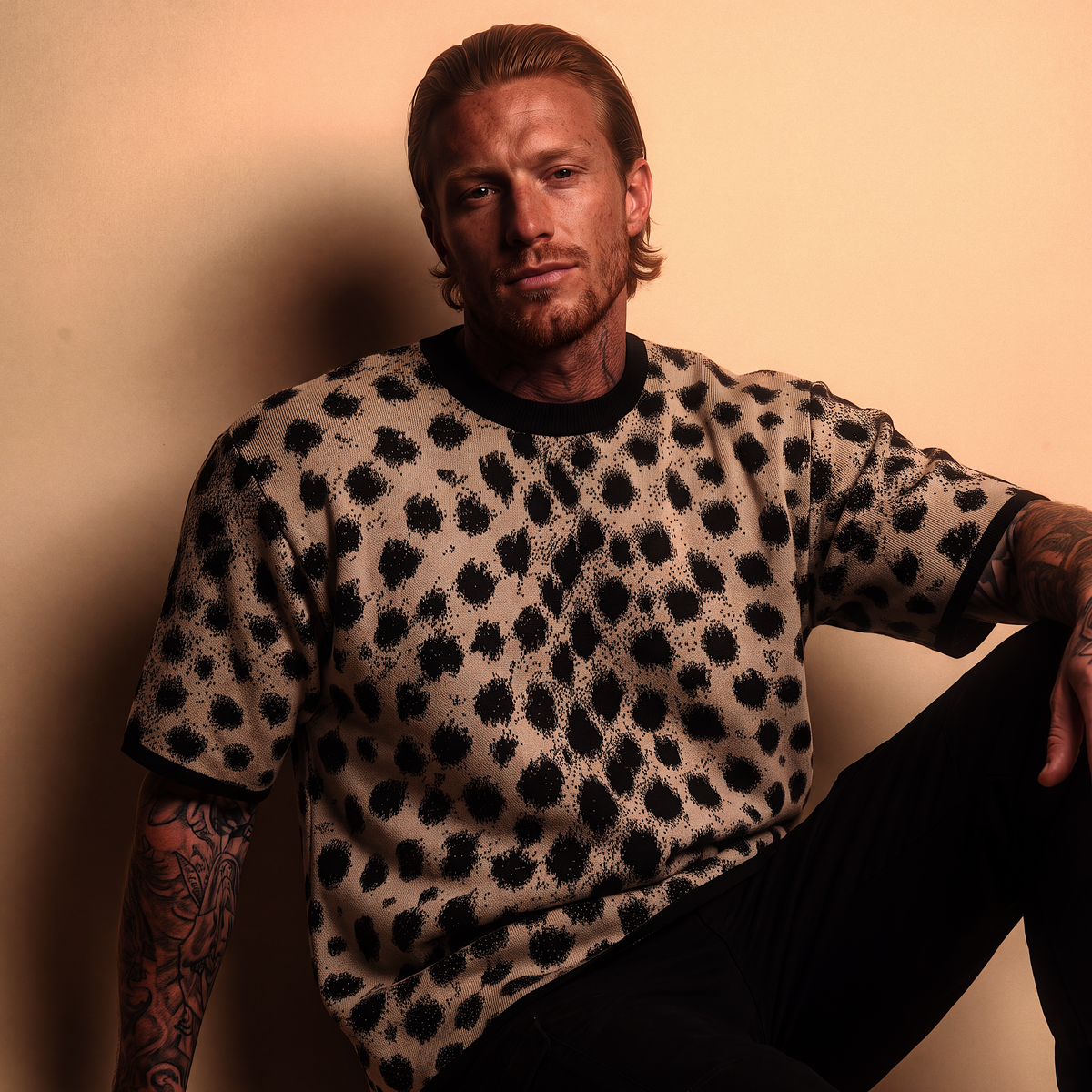 Cheetah Print Knitted T-Shirt — Heavyweight Unisex Jacquard Soft Cotton Blend Knitted Tee — All-Over Animal Print Streetwear