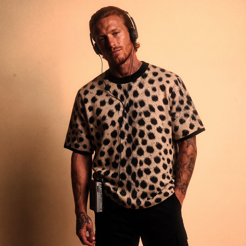 Cheetah Print Knitted T-Shirt — Heavyweight Unisex Jacquard Soft Cotton Blend Knitted Tee — All-Over Animal Print Streetwear