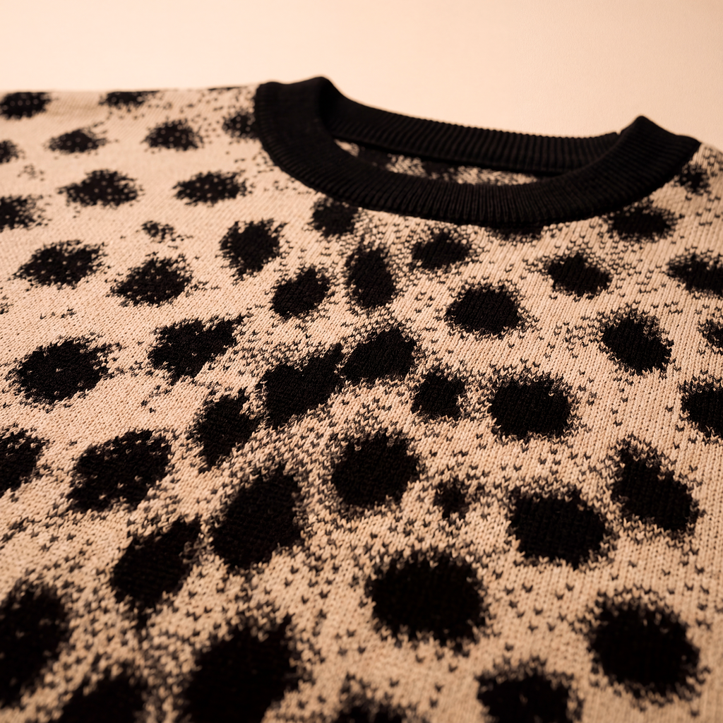 Cheetah Print Knitted T-Shirt — Heavyweight Unisex Jacquard Soft Cotton Blend Knitted Tee — All-Over Animal Print Streetwear