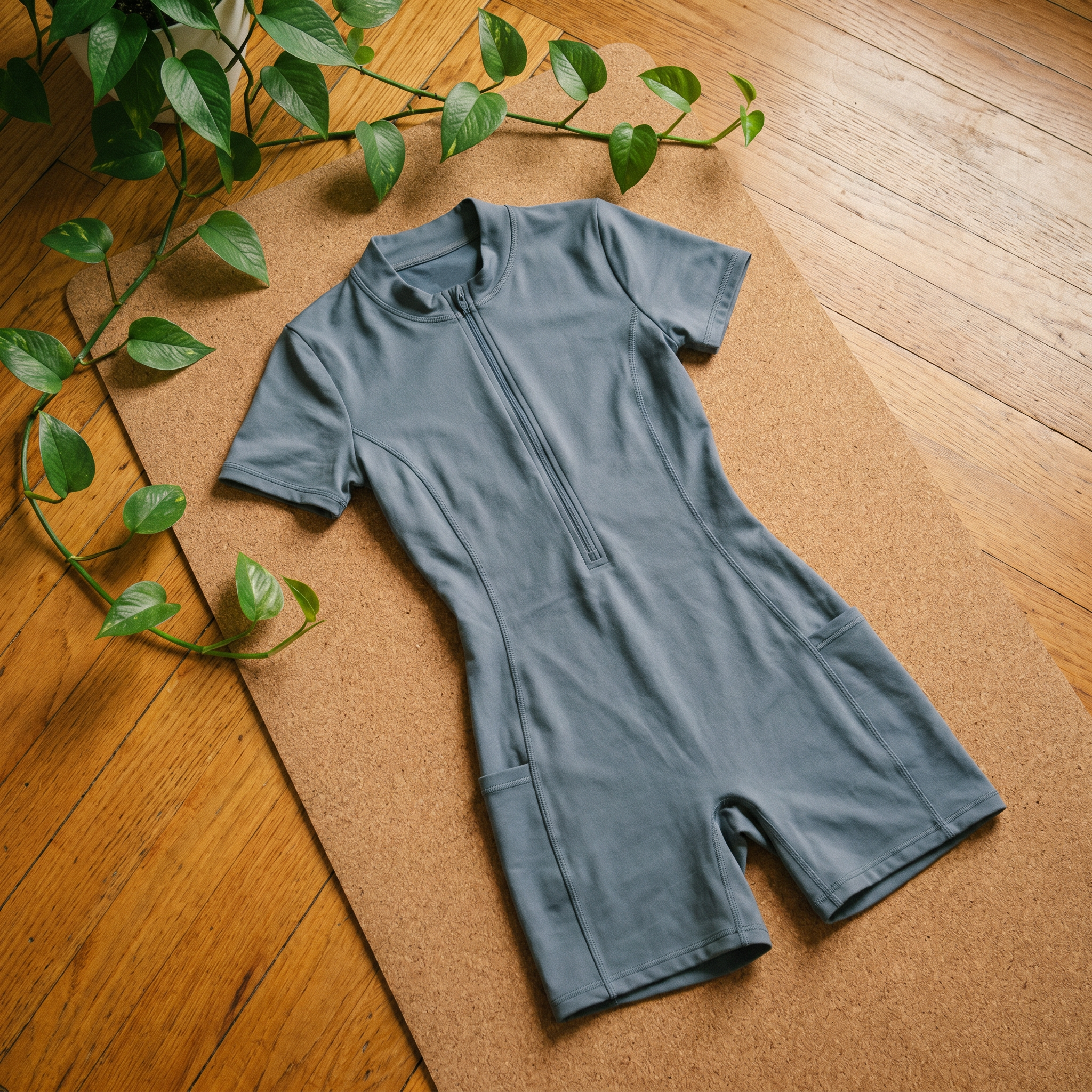 Orbital Archive Quarter Zip Romper - Biker Short Unitard, Short Sleeve Activewear Jumpsuit, Spandex Bodysuit with Pockets, Workout Bodycon
