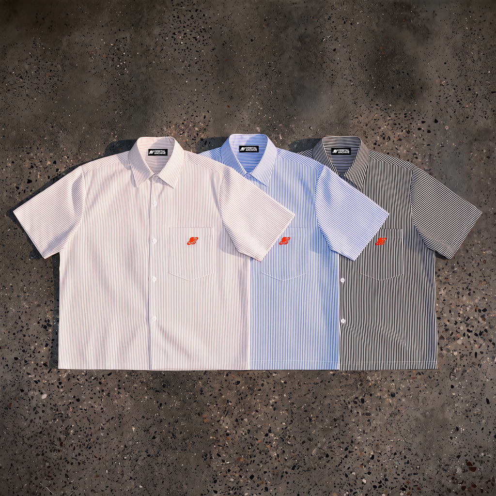 Roswell NM UFO Crash Log Oversized Striped Shirt — Orbital Archive Sci-Fi Streetwear — Boxy Cropped Button Up Short Sleeve Summer Top