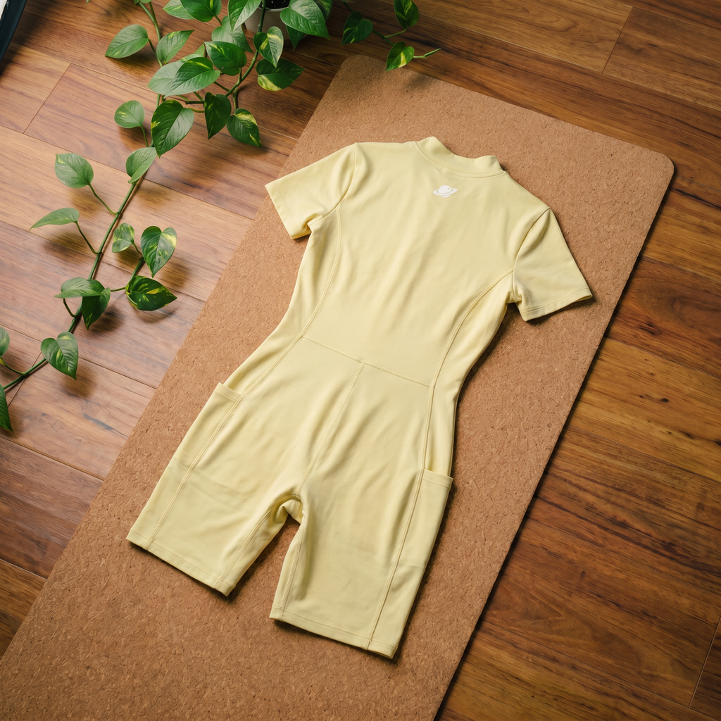 Orbital Archive Quarter Zip Romper - Biker Short Unitard, Short Sleeve Activewear Jumpsuit, Spandex Bodysuit with Pockets, Workout Bodycon