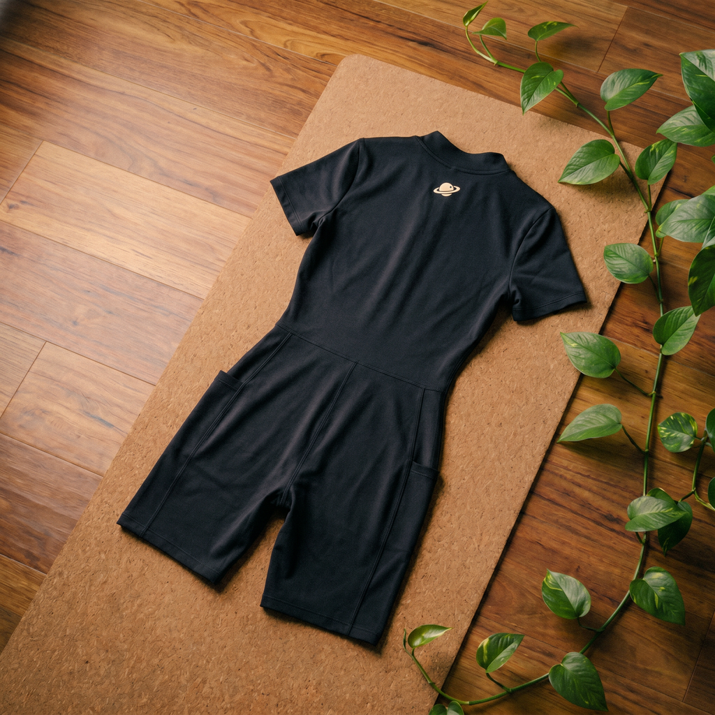 Orbital Archive Quarter Zip Romper - Biker Short Unitard, Short Sleeve Activewear Jumpsuit, Spandex Bodysuit with Pockets, Workout Bodycon