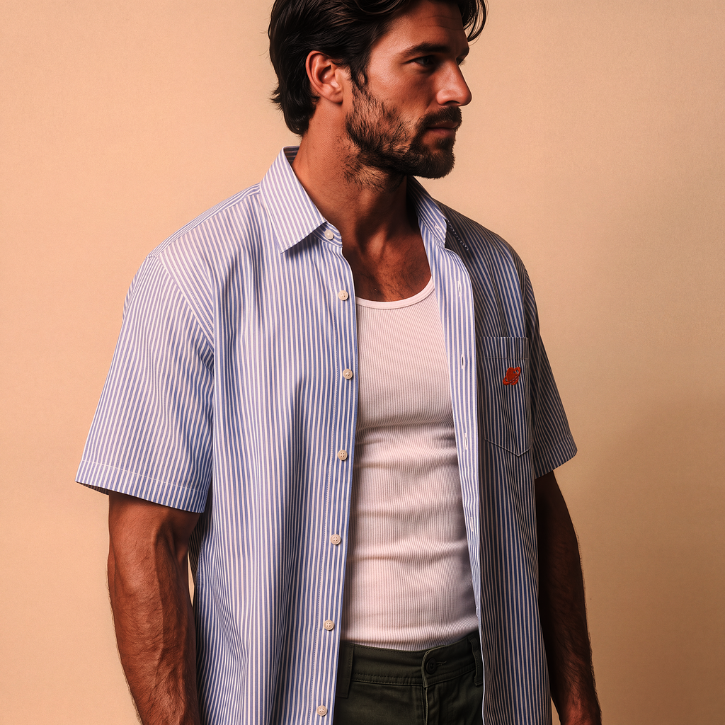 Roswell NM UFO Crash Log Oversized Striped Shirt — Orbital Archive Sci-Fi Streetwear — Boxy Cropped Button Up Short Sleeve Summer Top