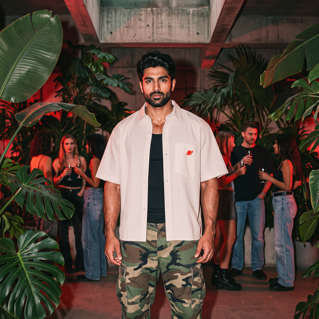 Roswell NM UFO Crash Log Oversized Striped Shirt — Orbital Archive Sci-Fi Streetwear — Boxy Cropped Button Up Short Sleeve Summer Top