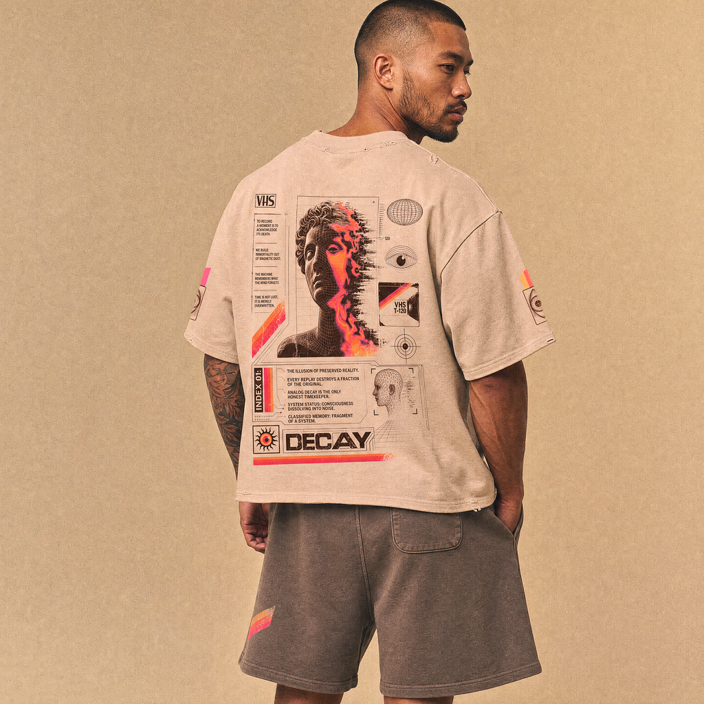 Analog Decay Frayed Boxy Graphic Tee - VHS Vaporwave & Greco-Roman Dark Academia Streetwear