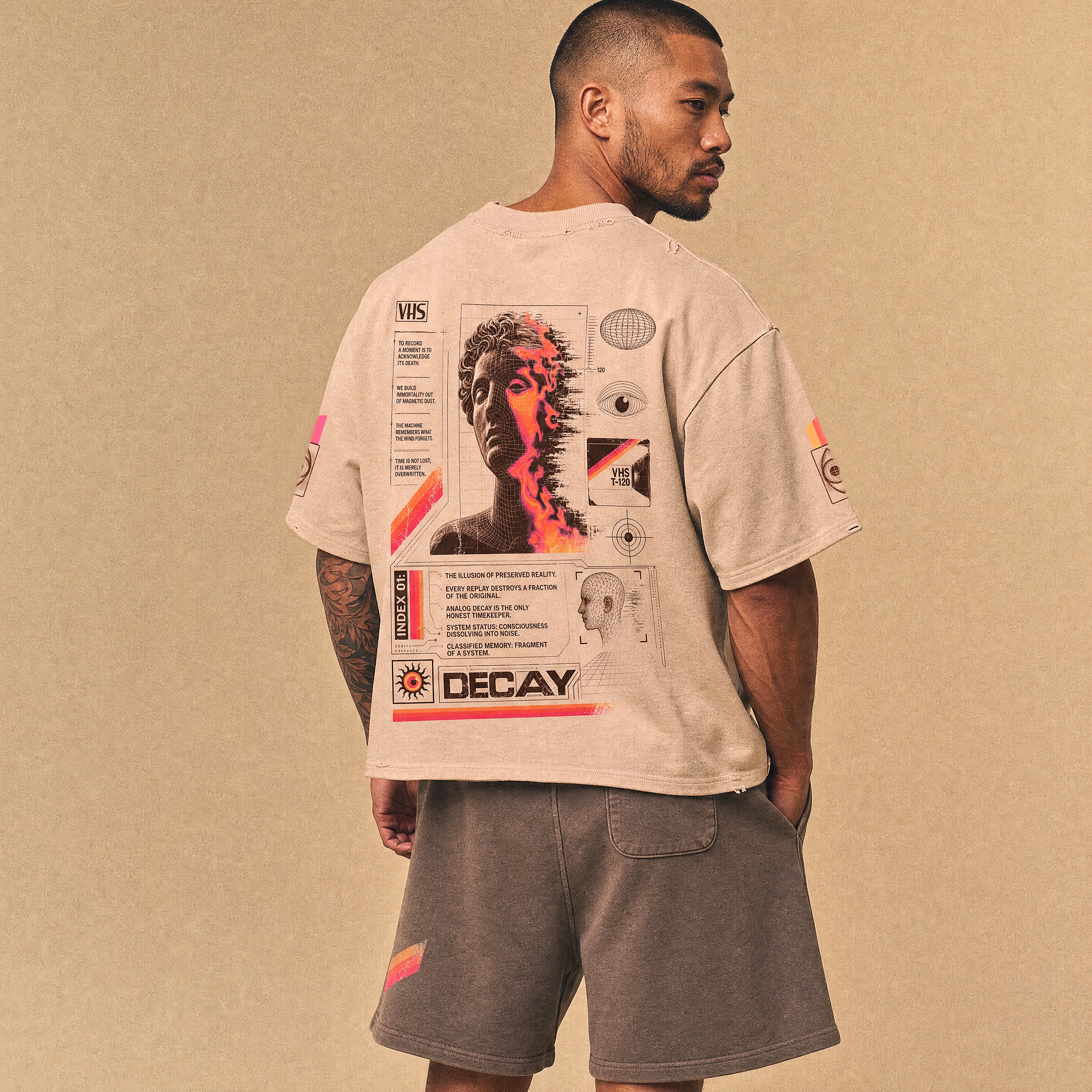 Analog Decay Frayed Boxy Graphic Tee - VHS Vaporwave & Greco-Roman Dark Academia Streetwear