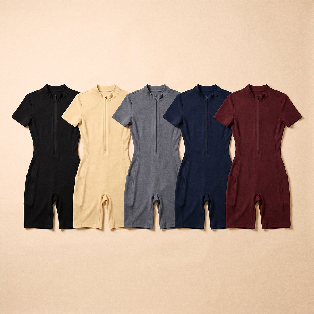 Orbital Archive Quarter Zip Romper - Biker Short Unitard, Short Sleeve Activewear Jumpsuit, Spandex Bodysuit with Pockets, Workout Bodycon