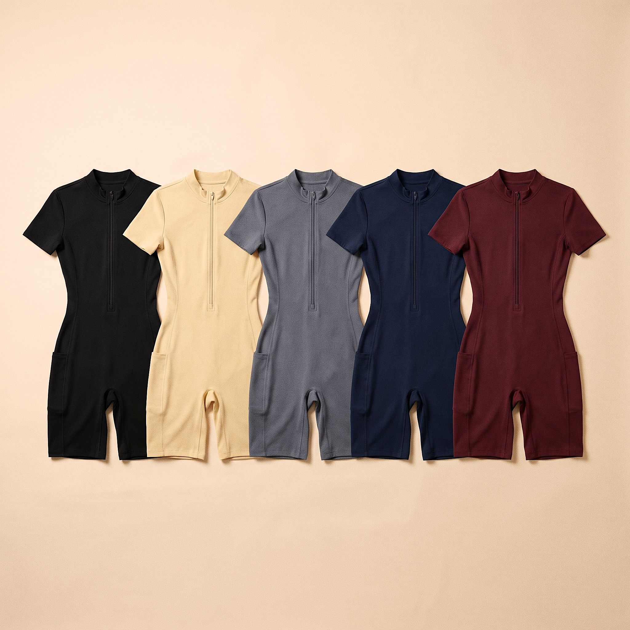 Orbital Archive Quarter Zip Romper - Biker Short Unitard, Short Sleeve Activewear Jumpsuit, Spandex Bodysuit with Pockets, Workout Bodycon