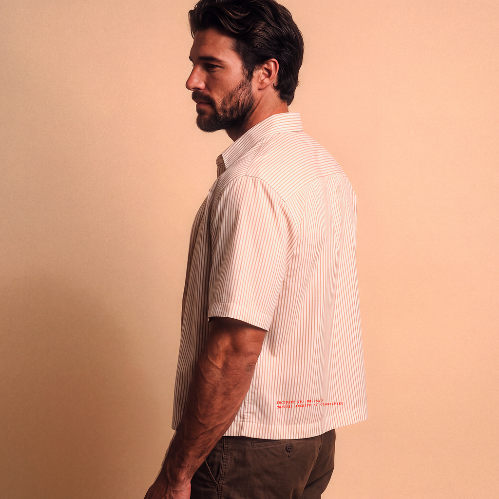 Roswell NM UFO Crash Log Oversized Striped Shirt — Orbital Archive Sci-Fi Streetwear — Boxy Cropped Button Up Short Sleeve Summer Top