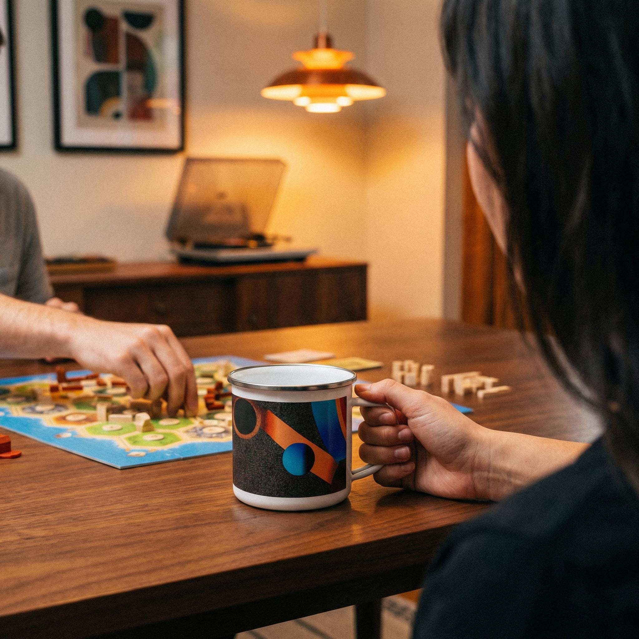 Minoan Retro Sci-Fi Enamel Mug — Orbital Archive Ancient Future Space Age 12oz Camping Cup