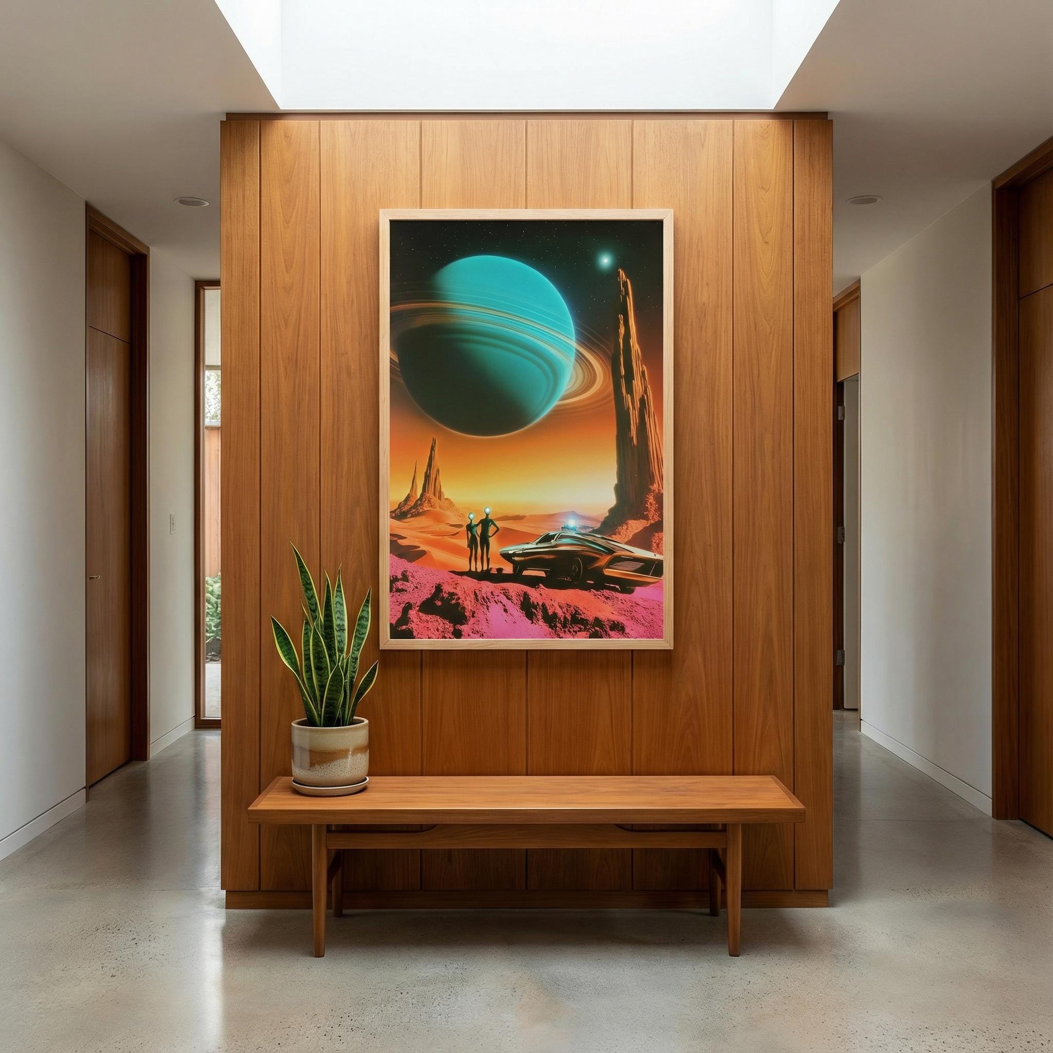 The Desert Road Trip – Retro-Futurist Framed Art Print, Vintage 1960s Sci-Fi Landscape Poster, Mid-Century Space Age Decor