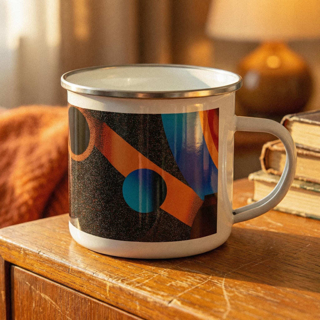 Minoan Retro Sci-Fi Enamel Mug — Orbital Archive Ancient Future Space Age 12oz Camping Cup