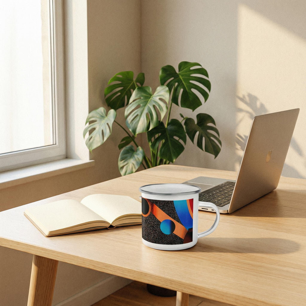 Minoan Retro Sci-Fi Enamel Mug — Orbital Archive Ancient Future Space Age 12oz Camping Cup