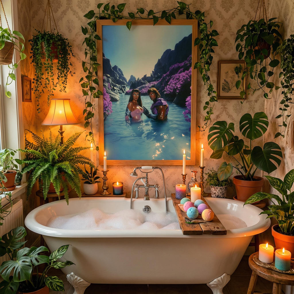 Retro-Futurist Hot Spring Couple Framed Print – Savage Land Alien Oasis