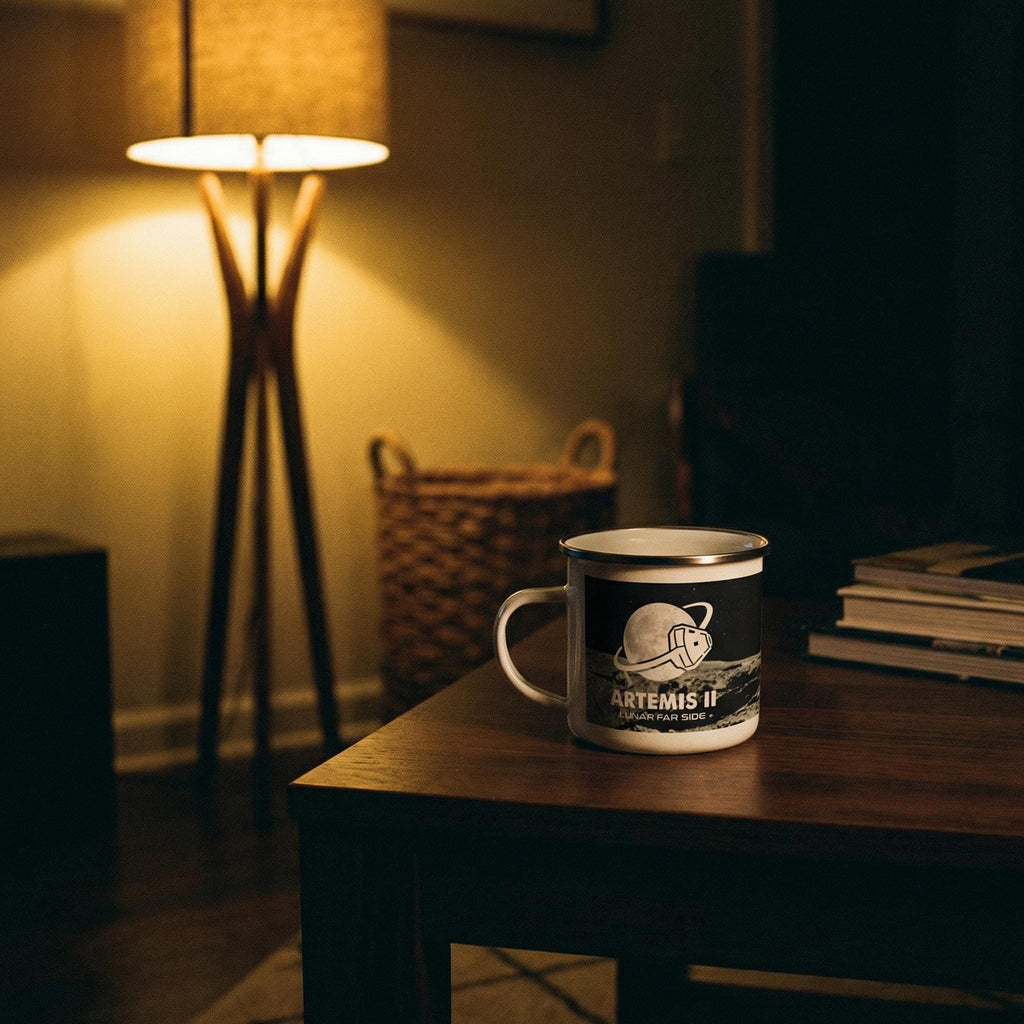 Artemis II Lunar Mission Enamel Mug, Retro Space Exploration Camp Cup, Moon Mission Gift for Astronomers, Sci-Fi Outer Space Star Chart
