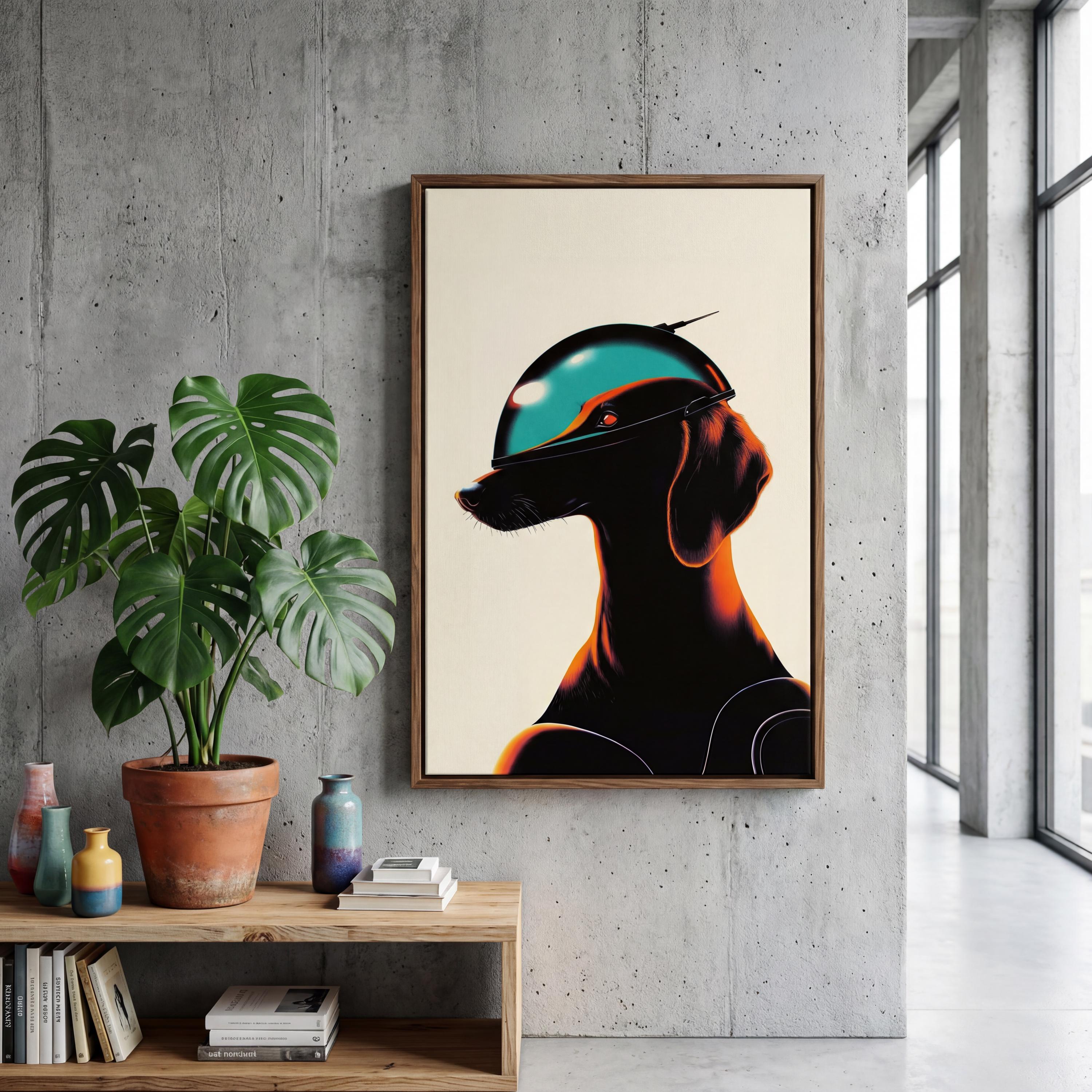 Cyber-Dachshund: Orbital Archive No. 87 // Retro-Futurist Framed Canvas, Sci-Fi Canine Wall Art, Mid-Century Noir Decor